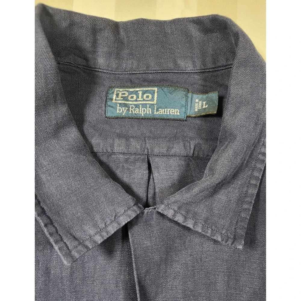Vintage Polo Ralph Lauren Mens L Navy Button Linen Silk Short Sleeve Shirt Loop - Picture 2 of 7
